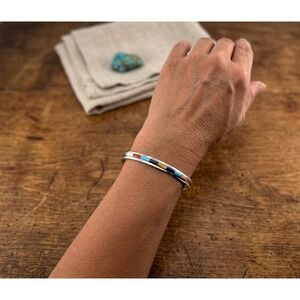 Zuni Multi Stone Inlay Slim Cuff Bracelet Sterling Silver Sz 6.75in
